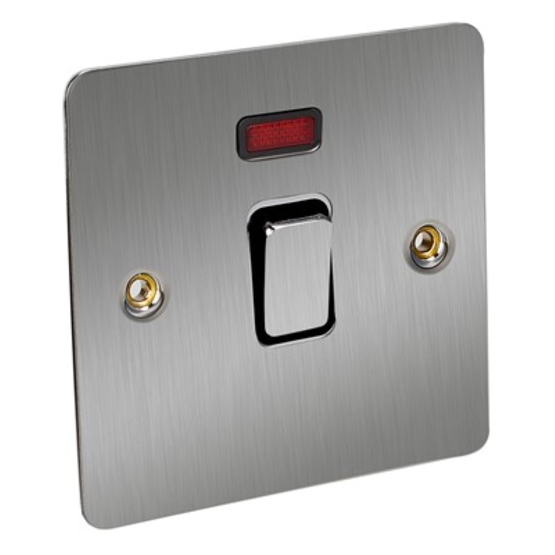 Flat Plate 20Amp Double Pole Switch + Neon *Satin Chrome/White I - Click Image to Close